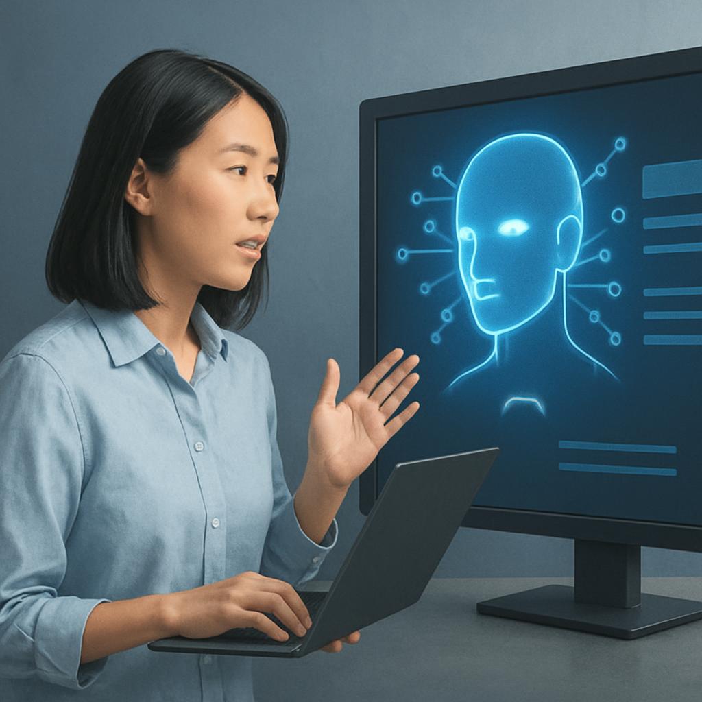 A woman in a blue shirt is shown working on a laptop with a holographic head display in front of her, representing advance...