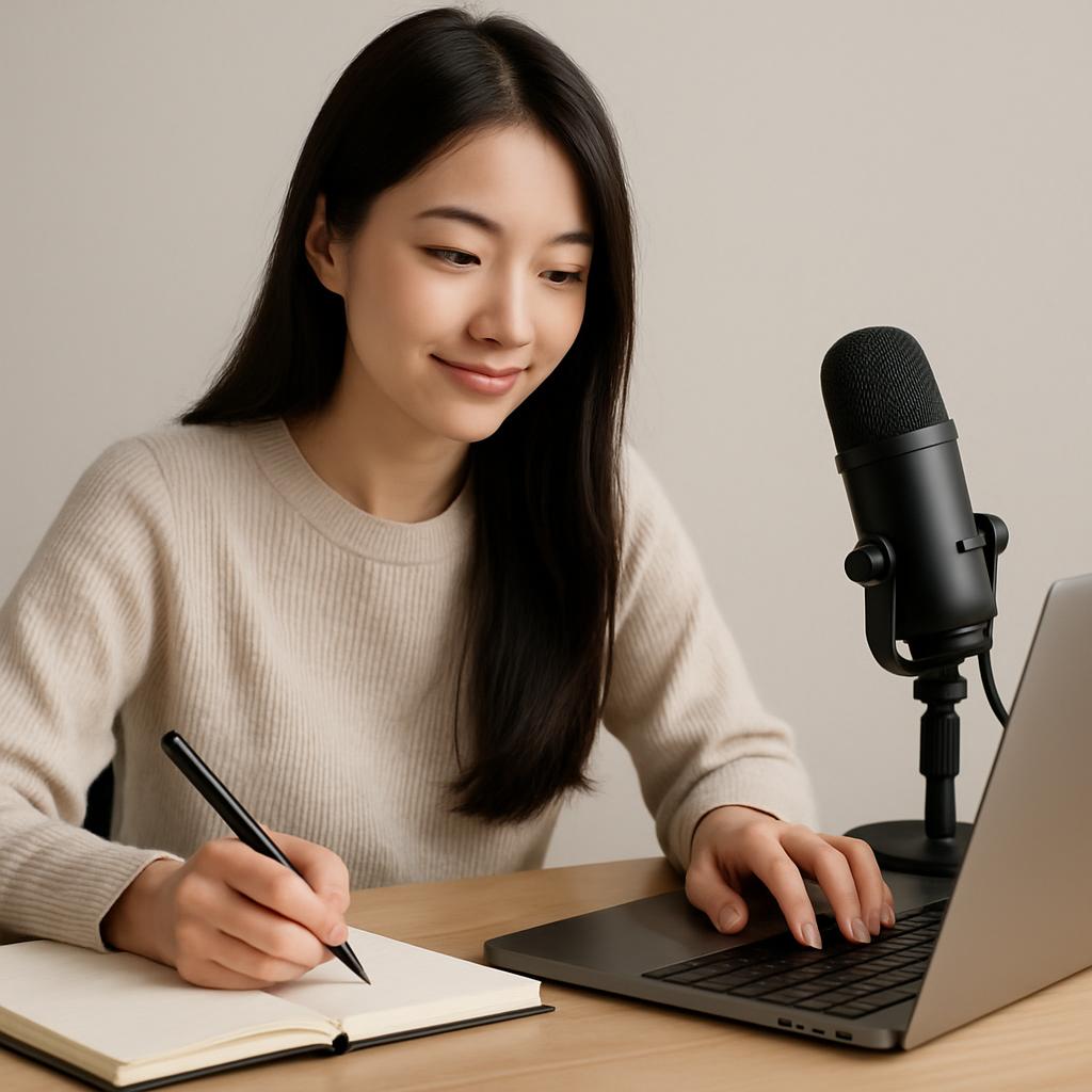 Person sitting at a desk with a laptop, notebook, and microphone, wearing a long-sleeved cream-colored sweater, has long d...