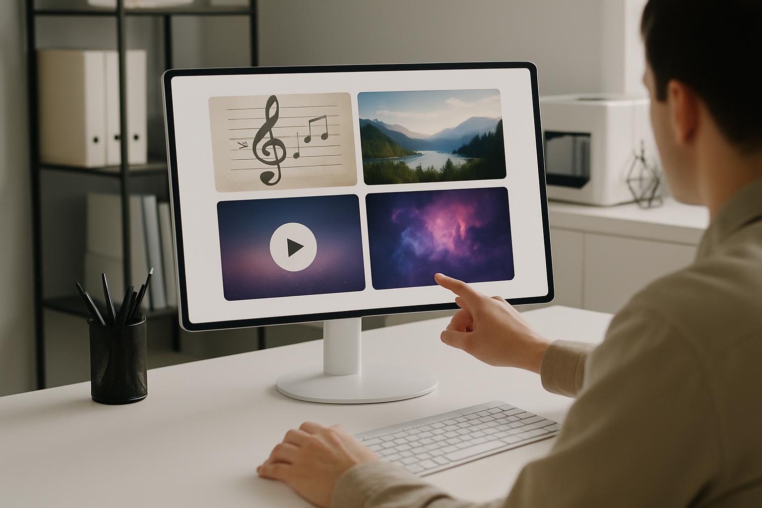 a woman touching her monitor with four various images : music notes, mountains, and a photo galaxy