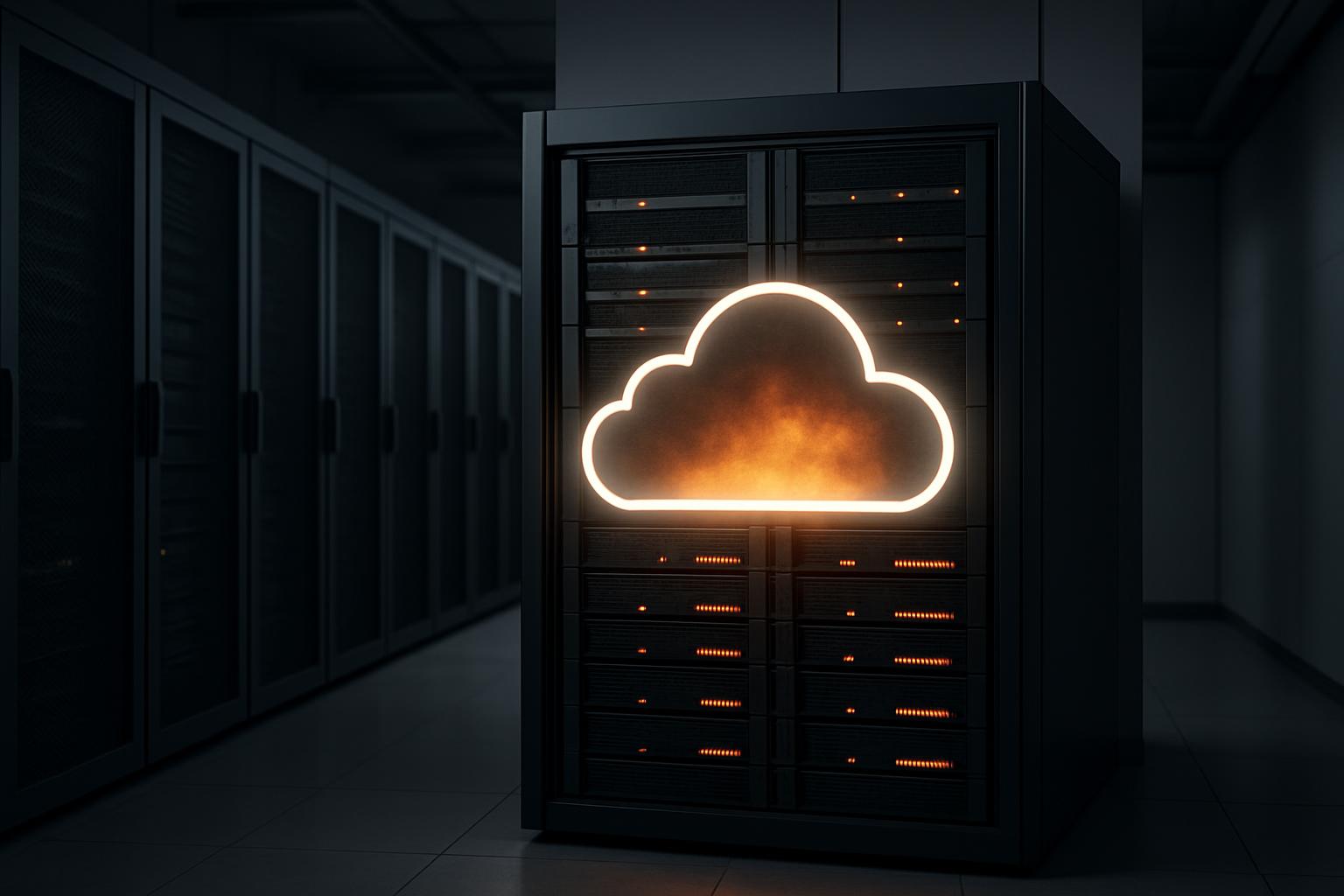 Under the spotlights, a large server tower stands tall, its cloud symbol aglow against a dark, IT-laden hall and equipment...