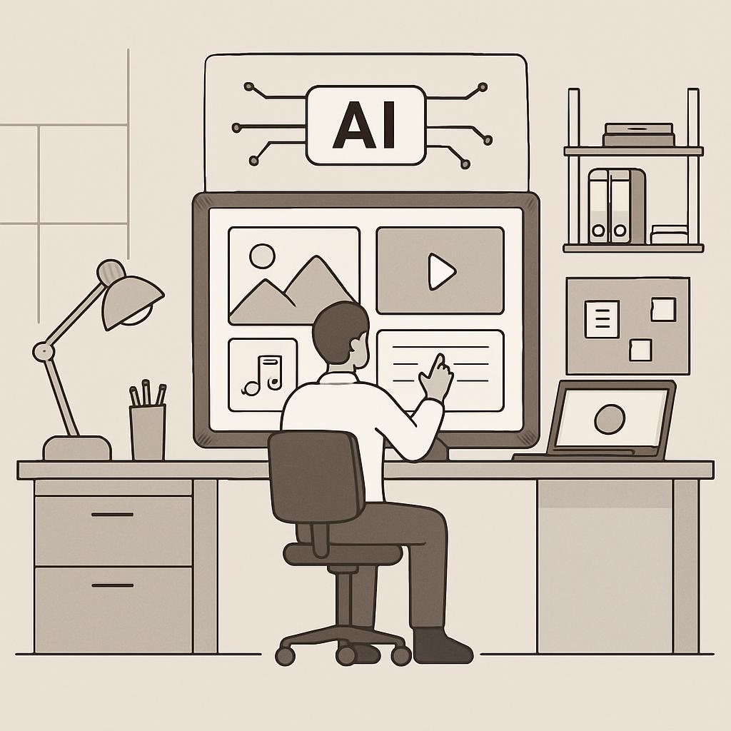 本照片显示人坐在他的桌上观看屏幕上播放的视频。