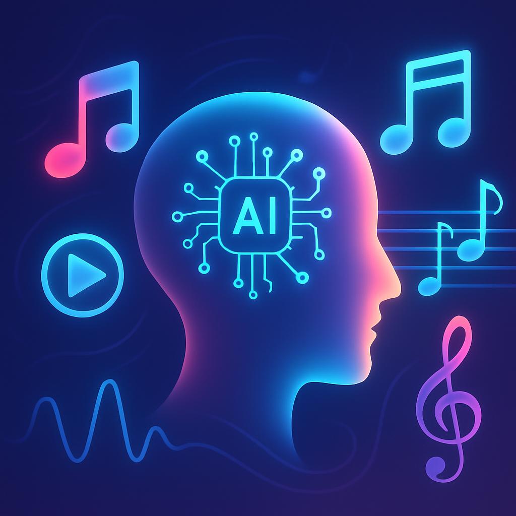 AI and music notes surround a head silhouette.
